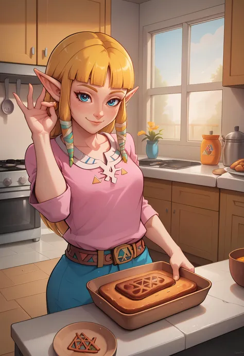 SaltBaeMeme,salt,princess zelda,the legend of zelda: skyward sword,pink shirt,blunt bangs,kitchen,slight smile,triforce <lora:SaltBaeMeme_XLPD_CAME:1>