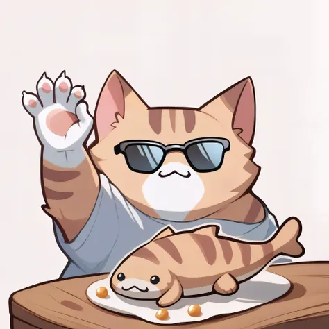 simple background,SaltBaeMeme,salt, sunglasses,animal focus, no humans, nekoemoji, cat,:3,fish <lora:SaltBaeMeme_XLPD_CAME:1.1> <lora:discord_nekonekonekone_ponyXL:1>