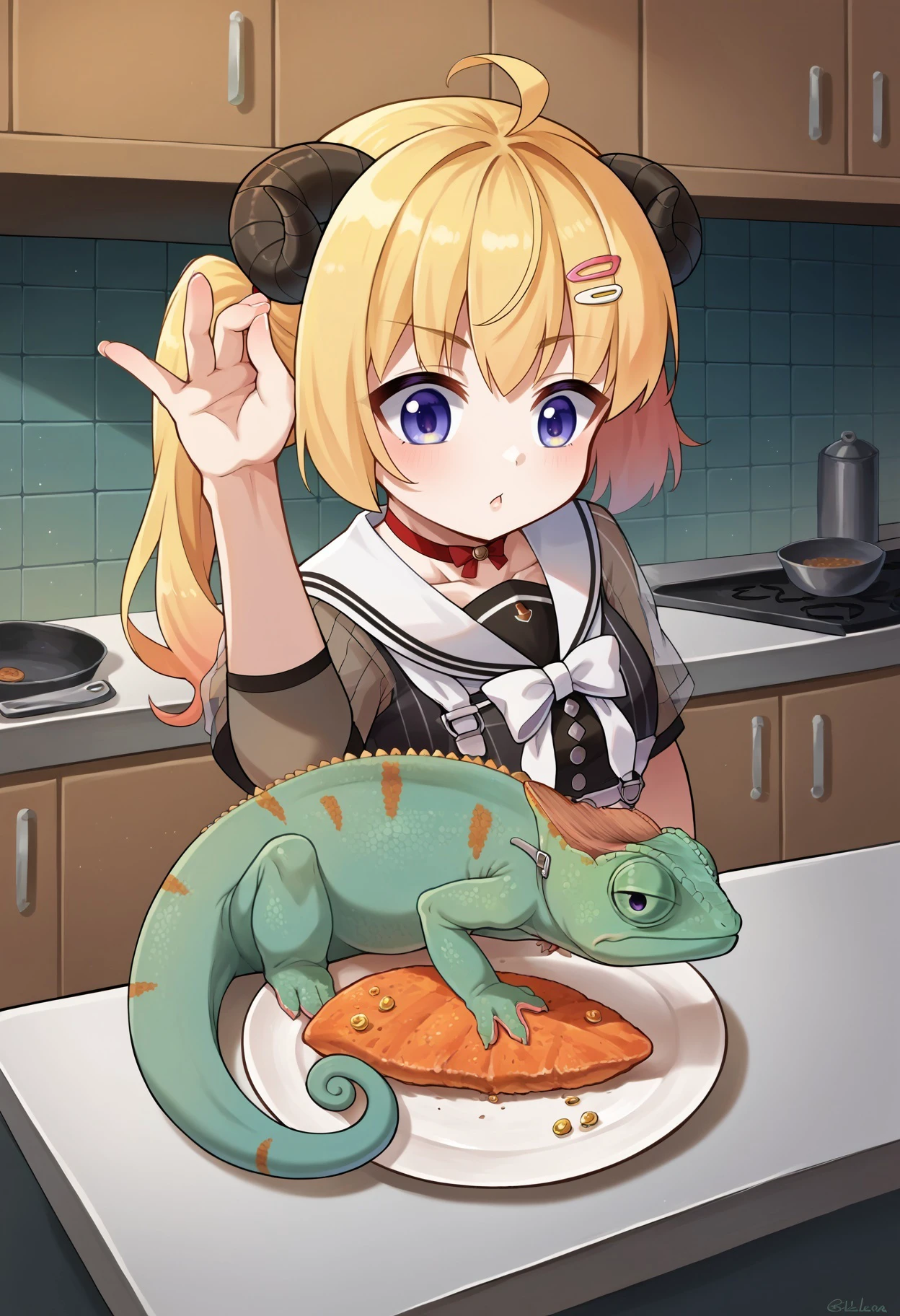 score_9, score_8_up, score_7_up, source_anime,SaltBaeMeme, salt, sunglases,
BREAK
kitchen,
BREAK
1girl,TsunomakiWatame, horns, long hair, ahoge, WatameCasual, ahoge, side ponytail, short hair, hairclip, vertical-striped dress, white skirt, high-waist skirt, sailor collar, red choker, white bow, see-through sleeves,
BREAK
Chameleon, lizard, back spikes, feral, scales, plate, animal,
<lora:SaltBaeMeme_XLPD_CAME:0.8> <lora:ChamChameleonPonyXL:1> <lora:last_1:0.8>