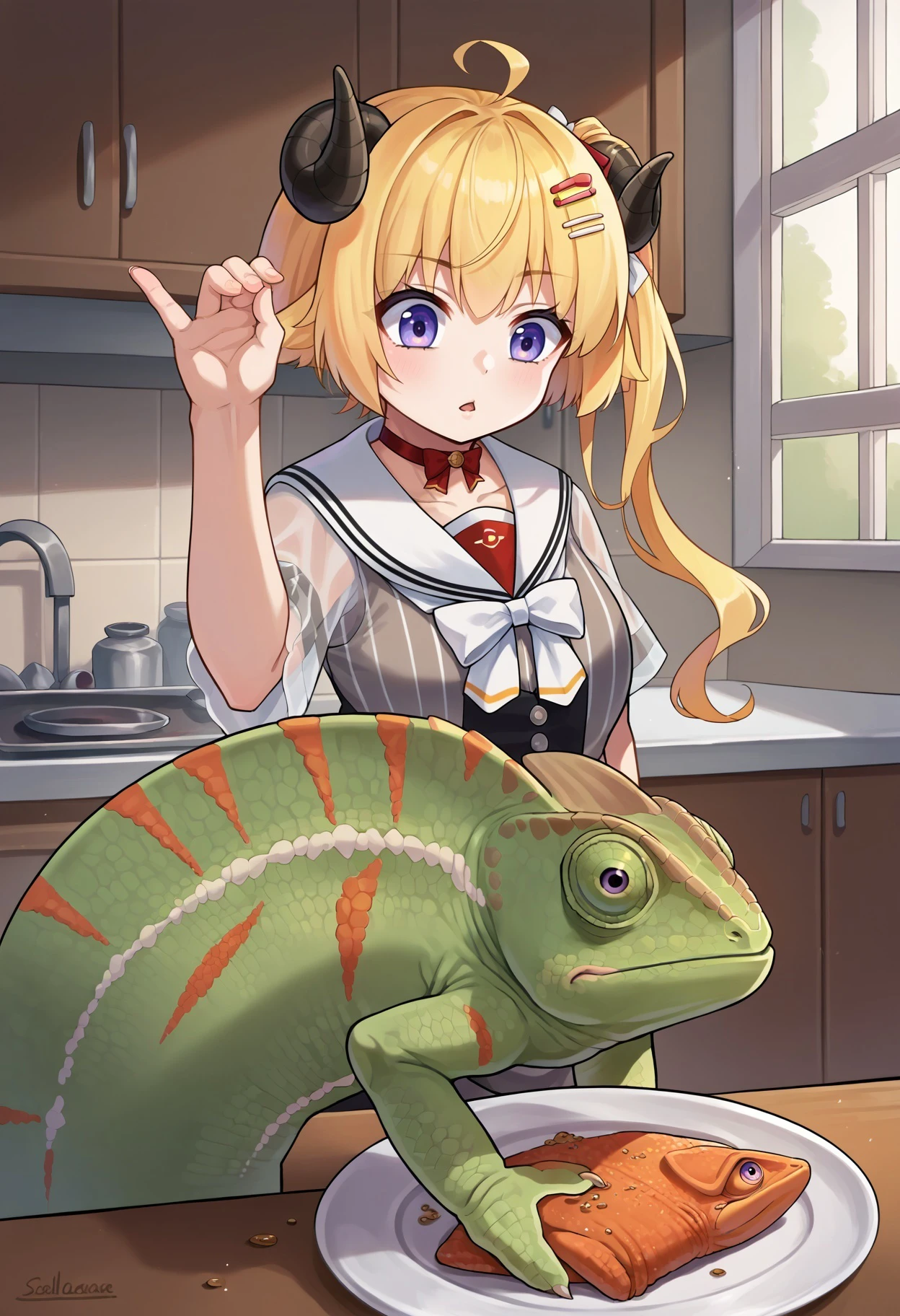 score_9, score_8_up, score_7_up, source_anime,SaltBaeMeme, salt, sunglases,
BREAK
kitchen,
BREAK
1girl,TsunomakiWatame, horns, long hair, ahoge, WatameCasual, ahoge, side ponytail, short hair, hairclip, vertical-striped dress, white skirt, high-waist skirt, sailor collar, red choker, white bow, see-through sleeves,
BREAK
Chameleon, lizard, back spikes, feral, scales, plate, animal,
<lora:SaltBaeMeme_XLPD_CAME:0.8> <lora:ChamChameleonPonyXL:1> <lora:last_1:0.8>