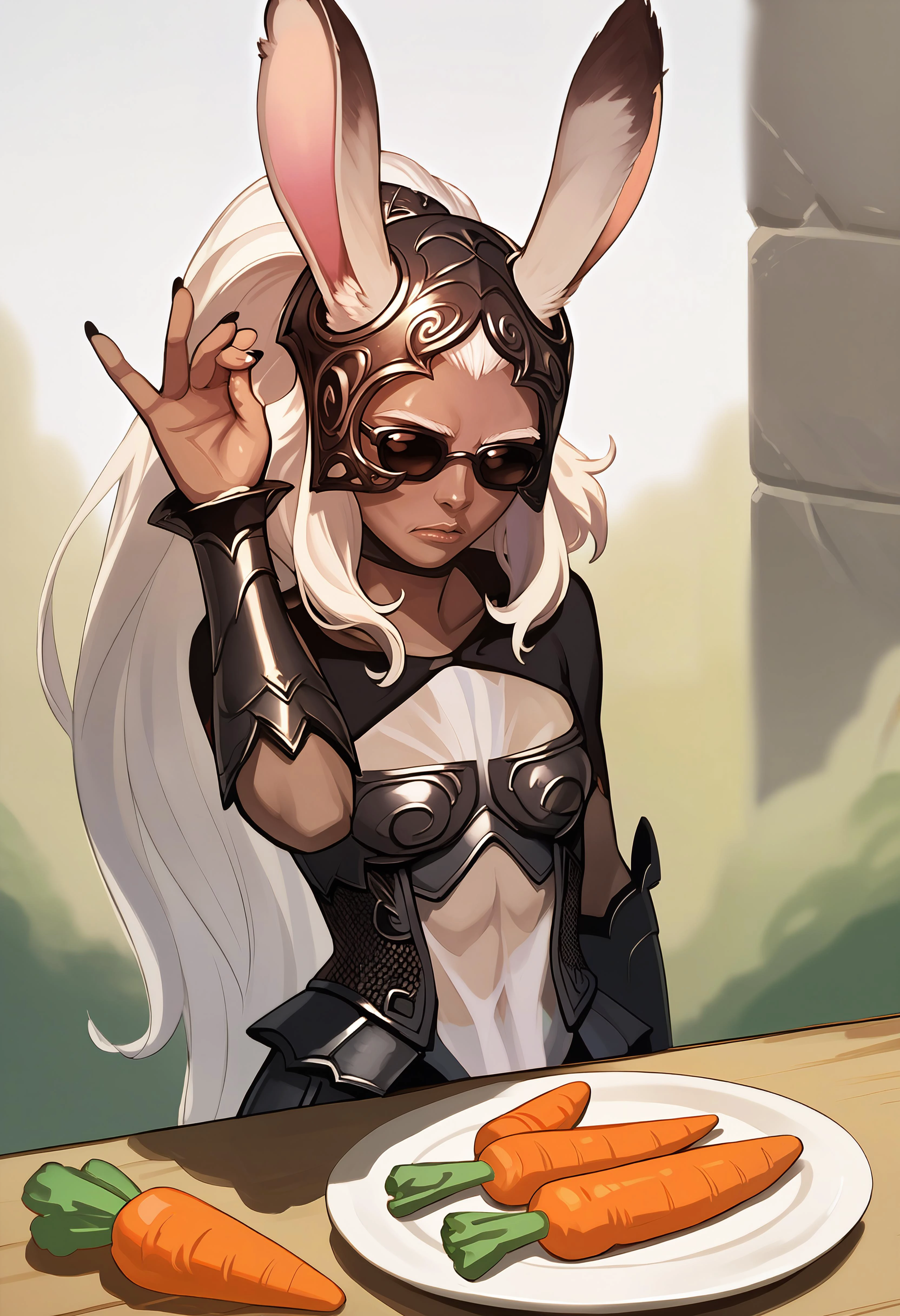 SaltBaeMeme,salt,sunglasses,carrots,plate, ff12fran, viera, rabbit ears, dark skin, white hair, long hair,helmet, revealing clothes, armor, bracers, see-through <lora:SaltBaeMeme_XLPD_CAME:1> <lora:ff12fran-pdxl-nvwls-v1:0.8>