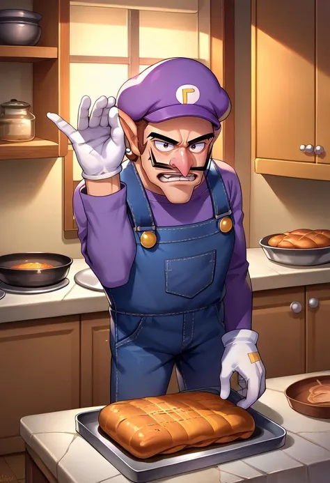 score_9, score_8_up, source_anime, 1boy, solo, Waluigi, mustache, teeth, pointy ears, brown hair, hat, purple headwear, purple shirt, long sleeves, overalls, white gloves, brown shoes, saltbaememe, salt, indoors, kitchen, <lora:SaltBaeMeme_XLPD_CAME:1>, <lora:ChamWaluigiPonyXL:1>