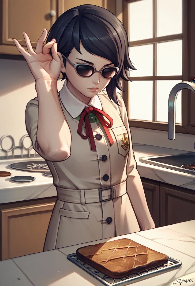 score_9, score_8_up, score_7_up, source_anime, 1girl, sunglasses, <lora:zs_YokoXL:kosmtvv, short hair, black hair, swept bangs, uniform, neck ribbon, skirt, black pantyhose, kitchen, <lora:SaltBaeMeme_XLPD_CAME:1> SaltBaeMeme