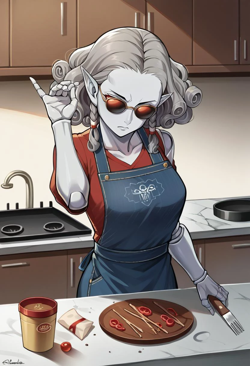 score_9, score_8_up, score_7_up, source_anime, 1girl, sunglasses, <lora:zs_AgratXL:1> agratsmtvv, curly hair, grey hair, twin braids, colored skin, grey skin, red eyes, pointy ears, doll joints, medium breasts, apron, jeans, <lora:SaltBaeMeme_XLPD_CAME:1> SaltBaeMeme, kitchen
