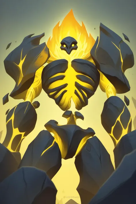 score_9, score_8_up, <lora:NSFelConstructWC3:1> NSFelConstructWC3, looking at the viewer, yellow eyes, standing, no humans, glowing, glowing eyes, monster made of stone, yellow flames, yellow glow, bones, from below