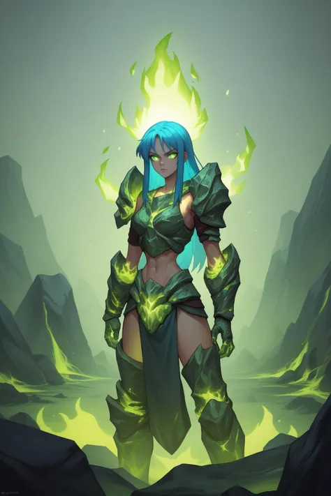 score_9, score_8_up,  <lora:NSFelConstructWC3:0.6> 1girl, solo, long hair, armor, blue hair, NSFelConstructWC3, looking at viewer, green eyes, standing, glowing, glowing eyes, monster made of stone, green flames, green glow, bones