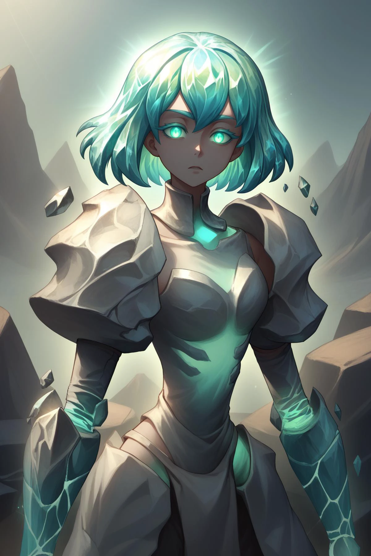 score_9, score_8_up, <lora:NSFelConstructWC3:1.3> 1girl, solo, armor, NSFelConstructWC3, looking at viewer, teal eyes, standing, glowing, glowing eyes, monster made of stone, teal flames, teal glow, bones <lora:Hoseki_HousekiNoKuni_Diamond_PDXL_v1:1> hskdmnd, crystal hair, colored eyelashes, multicolored hair, short hair