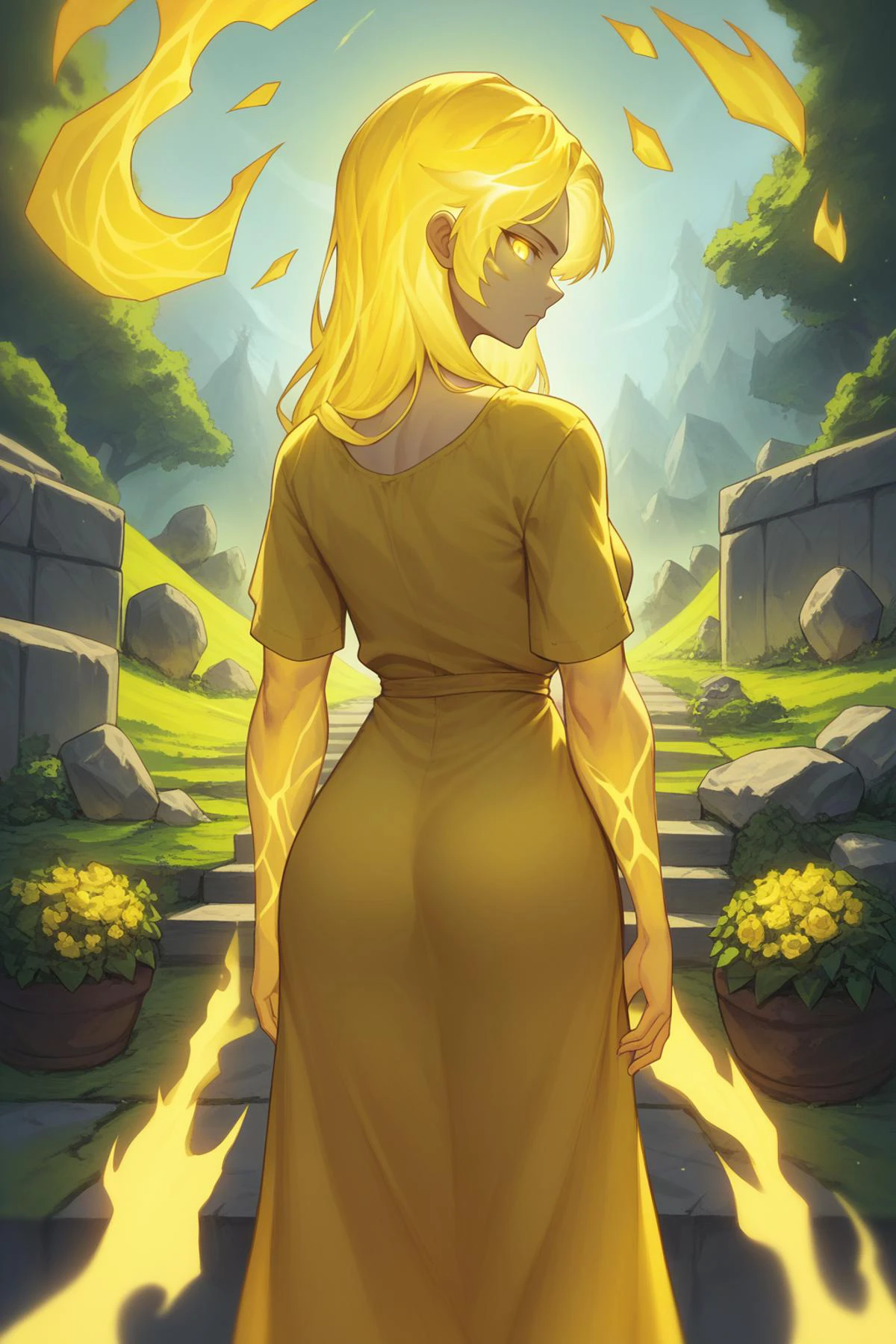 score_9, score_8_up, <lora:NSFelConstructWC3:1> 1girl, long hair, solo, yellow sundress, NSFelConstructWC3, looking at viewer, yellow eyes, standing, glowing, glowing eyes, monster made of stone, yellow flames, yellow glow, bones, looking back, from behind, garden