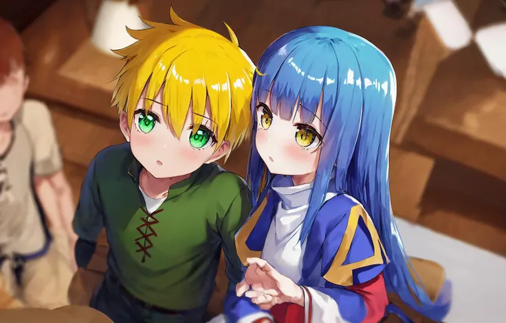 MFB Style; 1boy; 1girl; Lutz; Myne, poor, yellow eyes, blue hair, hairstick; (masterpiece); detailed; reflective; depth of field; 8k; photo;