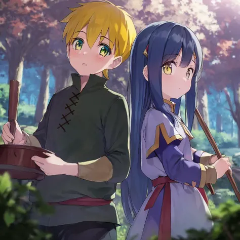 MFB Style; 1boy; 1girl; Lutz; Myne, poor, yellow eyes, blue hair, hairpin; cauldron; sticks; (masterpiece); detailed; reflective; depth of field; 8k; photo; forest, river;