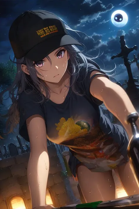 anime artwork of (masterpiece,best quality,ultra high res:1.1),(photo-realistic:1.1),breasts apart,side_light,<lora:EasyFix>,(overfit style:1.3),
1girl,night,graveyard,20yo,
sweat,female orgasm,outdoors,cloudy sky,
looking at viewer,
scenery,<lora:baobao_XL_0_-000004:1>, baobao,take a kitchen knife,gray eyeball,t-shirt baseball cap,, anime style, key visual, vibrant, studio anime, highly detailed