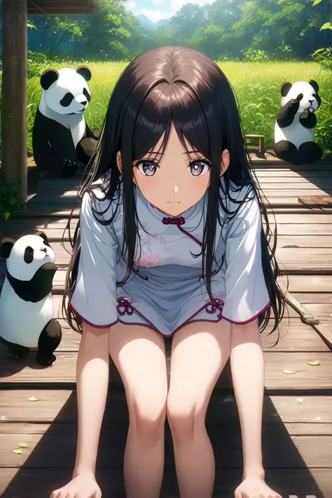 anime artwork of (masterpiece,best quality,ultra high res:1.1),(photo-realistic:1.1),side_light,
1girl,20yo,
<lora:baobao_XL_0_-000004:1.5>,baobao,1girl,expression numbness,outdoors,white cheongsam,scatter long straight black hair,grey_pupils,(simple background:1.3),1 panda,sitting on a wooden roof,, anime style, key visual, vibrant, studio anime, highly detailed