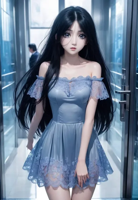 UHD, 4k, ultra detailed, cinematic, a photograph of <lora:baobao_XL_0_-000004:1.5>,baobao,1girl,expression numbness,scatter long straight black hair,simple background,grey_pupils,glass doors and security guards in the background,blue lace print off-shoulder dress,high heels,, epic, beautiful lighting, inpsiring