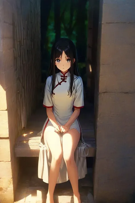 anime artwork of (masterpiece,best quality,ultra high res:1.1),(photo-realistic:1.1),side_light,
1girl,20yo,
<lora:baobao_XL_0_-000004:1.5>,baobao,1girl,expression numbness,outdoors,white cheongsam,scatter long straight black hair,grey_pupils,(simple background:1.3),sitting under the wall,, anime style, key visual, vibrant, studio anime,  highly detailed