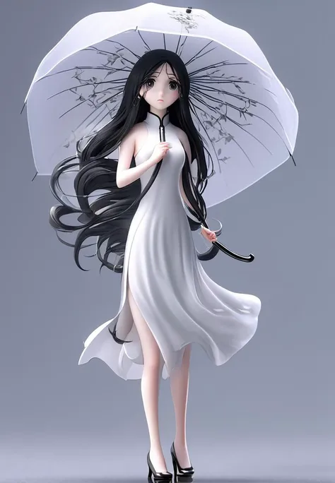 professional 3d model of <lora:baobao_XL_0_-000004:1.5>,baobao,1girl,expression numbness,white cheongsam,scatter long straight black hair,simple background,grey_pupils,high heels,take an umbrella,, octane render, highly detailed, volumetric, dramatic lighting
