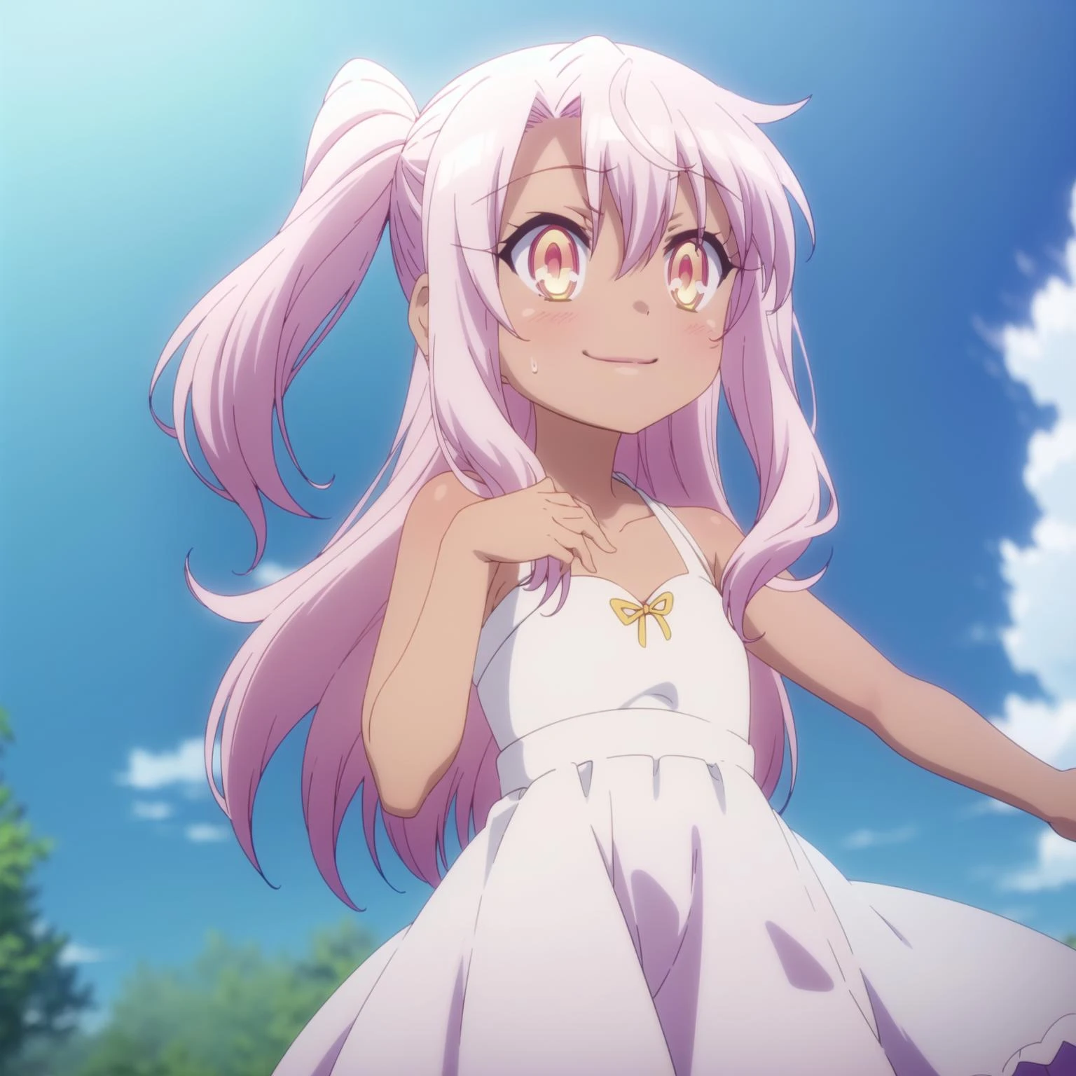 1girl,solo,smile,outdoor,white dress,
<lora:chloe:0.6:0.7:lbw=1,0,0,1,1,1,1,1,1,1,0,0,0,1,0,0,0,1,1,1,1,1,1,1,1,1> ,chloe,dark_skinned_female,dark_skin,long_hair,pink_hair,yellow_eyes,hair_between_eyes,white_hair,bangs,small_breasts,,harf_updo,one_side_up,,