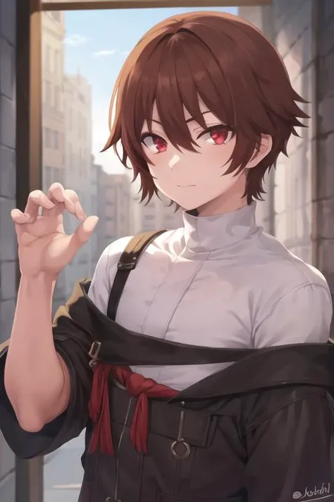 masterpiece, best quality, high quality, 1boy, solo, male focus, looking at viewer, upper body, <lora:keyaru_kaifuku_jutsushi:0.62>, keyaru_kaifuku_jutsushi, brown hair, red eyes, hair between eyes, ,