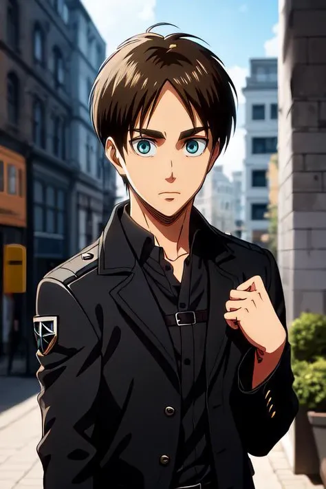 erens1 a man, black jacket, looking at the viewer, upper body photo, at the streets <lora:httperens1:1:lbw=FACES>