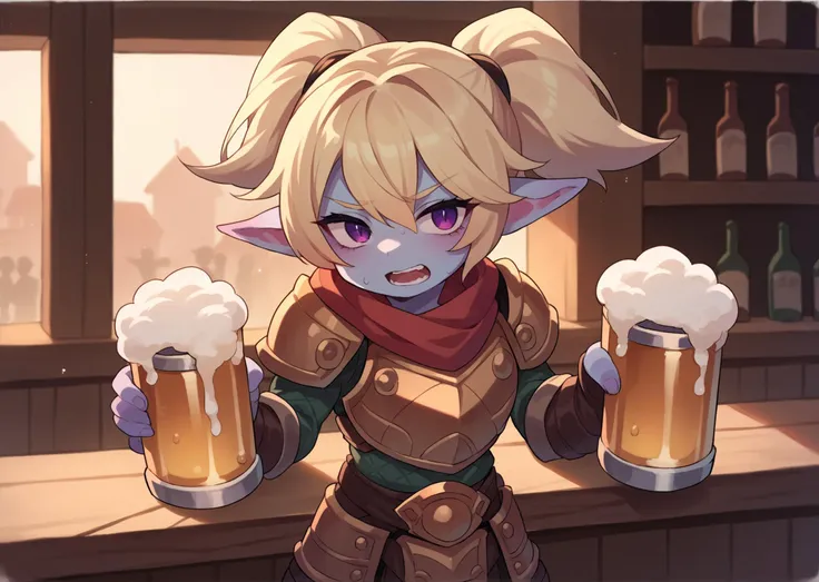 score_9, score_8_up, score_7_up, score_6_up, source_anime,
1girl, solo, <lora:PoppyLolV1:1>, poppylol, colored skin, blonde_hair, purple_eyes, poparmour, armor, scarf,
bar, holding beer,