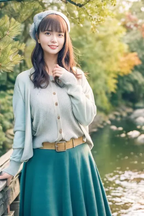 1girl,(wearing a cardigan and long skirt:1.2),(wearing a wooly beret),(RAW photo, best quality), (realistic, photo-realistic:1.4), masterpiece, an extremely delicate and beautiful, extremely detailed, 2k wallpaper, Amazing, finely detail, extremely detailed CG unity 8k wallpaper, ultra-detailed, highres, soft light, beautiful detailed girl, extremely detailed eyes and face, beautiful detailed nose, beautiful detailed eyes,cinematic lighting,(in a beautiful forest of pine trees at a Japanese countryside),(autumn scenery:1.3),(maple trees in autumn),(by a small rocky river),(morning light),perfect anatomy,slender body,(smiling) <lora:tabemikako_lora:1>