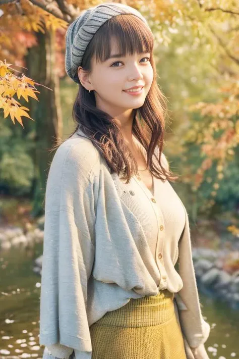 rie,One Woman,(best quality), (ultra detailed), (absolutely resolution),Face is front, 32 years old, Show off your cleavage, Long cardigan and tank top dress, The color of the clothes is green, The pattern on the clothes is embroidered, Brown Hair, smile, The forest around the Blue Pond