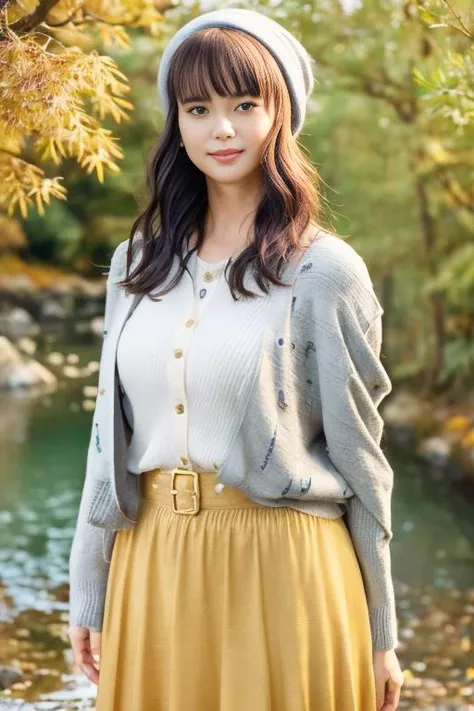 1girl,(wearing a cardigan and long skirt:1.2),(wearing a wooly beret),(RAW photo, best quality), (realistic, photo-realistic:1.4), masterpiece, an extremely delicate and beautiful, extremely detailed, 2k wallpaper, Amazing, finely detail, extremely detailed CG unity 8k wallpaper, ultra-detailed, highres, soft light, beautiful detailed girl, extremely detailed eyes and face, beautiful detailed nose, beautiful detailed eyes,cinematic lighting,(in a beautiful forest of pine trees at a Japanese countryside),(autumn scenery:1.3),(maple trees in autumn),(by a small rocky river),(morning light),perfect anatomy,slender body,(smiling) <lora:tabemikako_lora:1>,(maple leaves falling),(medium breasts)