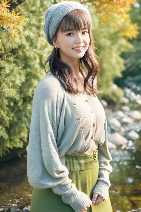 1girl,(wearing a cardigan and long skirt:1.2),(wearing a wooly beret),(RAW photo, best quality), (realistic, photo-realistic:1.4), masterpiece, an extremely delicate and beautiful, extremely detailed, 2k wallpaper, Amazing, finely detail, extremely detailed CG unity 8k wallpaper, ultra-detailed, highres, soft light, beautiful detailed girl, extremely detailed eyes and face, beautiful detailed nose, beautiful detailed eyes,cinematic lighting,(in a beautiful forest of pine trees at a Japanese countryside),(autumn scenery:1.3),(maple trees in autumn),(by a small rocky river),(morning light),perfect anatomy,slender body,(smiling) <lora:tabemikako_lora:1>,(maple leaves falling),(medium breasts)
