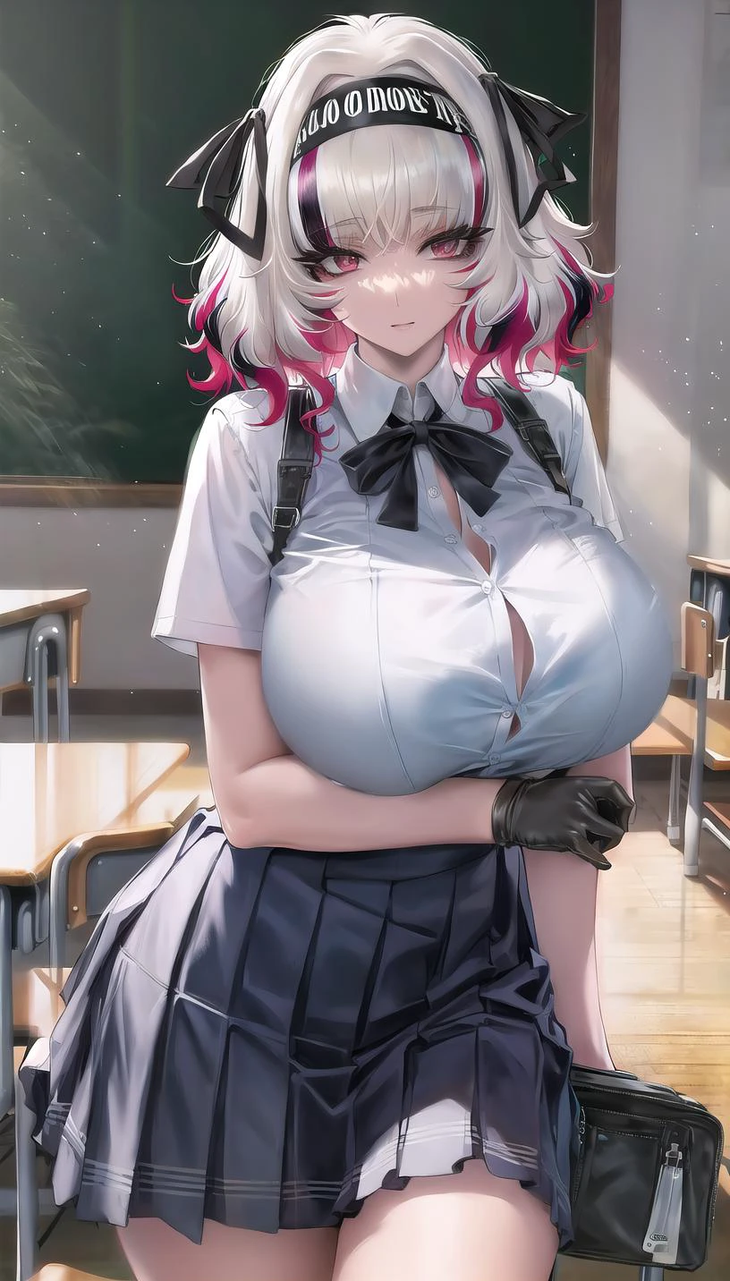 streaked hair, black hairband,half gloves,hair ribbon,
(school uniform:1.28),
lady,mature female, cowboy shot,
highres,official art,original,masterpiece,best quality,
(huge breasts),
<lora:Arina3:0.81>