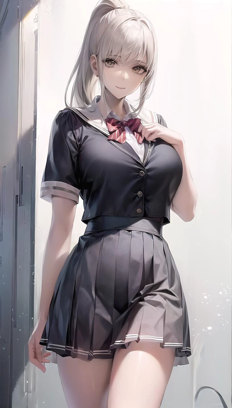 high ponytail,
(school uniform:1.28),
light smile,
lady,mature female, cowboy shot,
(white background, simple background:1.18),
highres,official art,original,masterpiece,best quality,
(large breasts),
<lora:Vanilla:1>