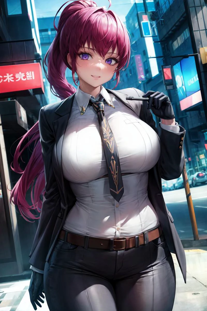 masterpiece, best quality,high quality, official art,detailed,highres,absurdres,incredibly absurdres,ray_tracing,intricate details,depth of field, extremely delicate and beautiful,4k,1girl,cowboy shot, looking at viewer,
dolla \(nikke\), purple eyes, dolladef, suit, jacket, black gloves, black pants, necktie, black jacket,
outdoors, cityscape, street, cyberpunk,
standing,
seductive smile,
large breasts,curvy,narrow waist,(mature female,milf),lady,<lyco:GoodHands-beta2:1.0>,