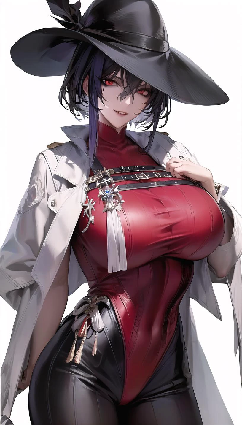 red eyes,
evil smile,
(leotard:1.28),
lady,mature female, cowboy shot,
(white background, simple background:1.18),
highres,official art,original,masterpiece,best quality,
(large breasts),
<lora:Uni:0.81>
