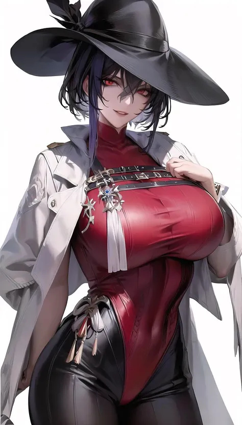 red eyes,
evil smile,
(leotard:1.28),
lady,mature female, cowboy shot,
(white background, simple background:1.18),
highres,official art,original,masterpiece,best quality,
(large breasts),
 <lora:Uni:0.81>