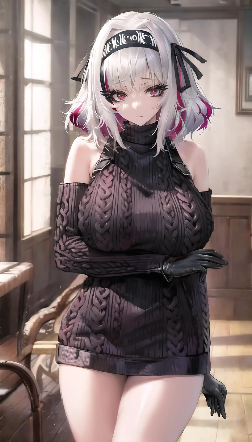 streaked hair, black hairband,half gloves,hair ribbon,
(virgin killer sweater:1.28),
lady,mature female, cowboy shot,
highres,official art,original,masterpiece,best quality,
(huge breasts),
<lora:Arina3:0.81>