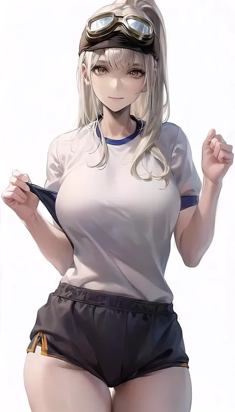 goggles, 
(gym uniform:1.28),
light smile, closed mouth, 
lady,mature female, cowboy shot,
(white background, simple background:1.18),
highres,official art,original,masterpiece,best quality,
(large breasts),
 <lora:Vanilla:1>