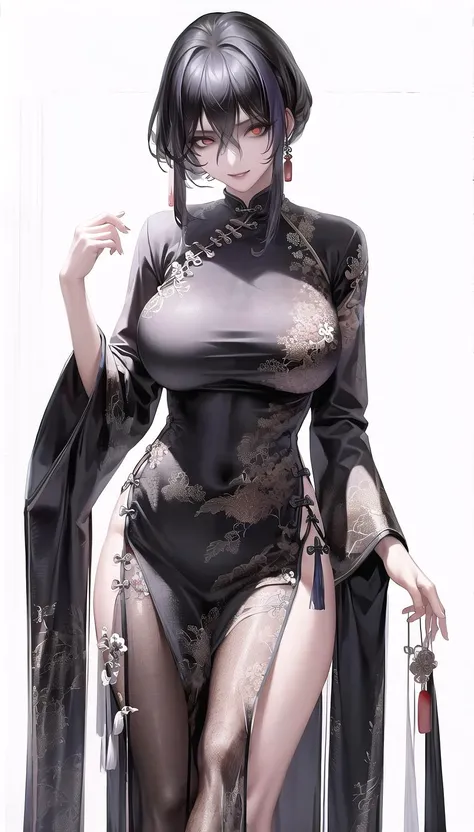 red eyes,
evil smile,
(chinese clothes:1.28),
lady,mature female, cowboy shot,
(white background, simple background:1.18),
highres,official art,original,masterpiece,best quality,
(large breasts),
<lora:Uni:1>