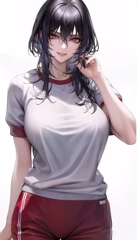 red eyes,
evil smile,
(gym uniform:1.28),
lady,mature female, cowboy shot,
(white background, simple background:1.18),
highres,official art,original,masterpiece,best quality,
(large breasts),
 <lora:Uni:0.81>