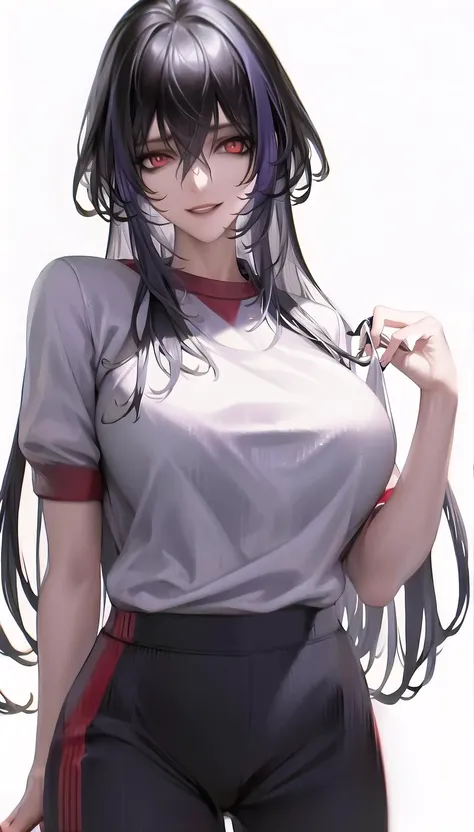 red eyes,
evil smile,
(gym uniform:1.28),
lady,mature female, cowboy shot,
(white background, simple background:1.18),
highres,official art,original,masterpiece,best quality,
(large breasts),
 <lora:Uni:1>