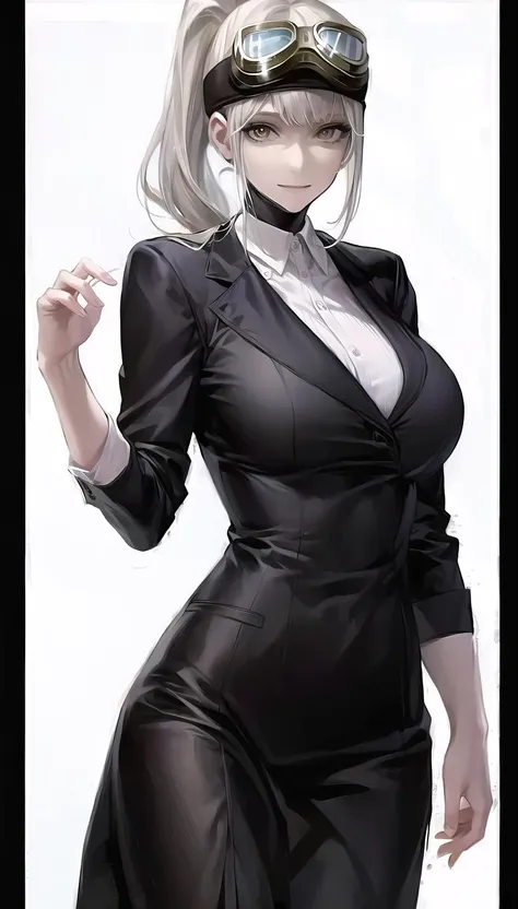 goggles, 
(formal:1.28),
light smile, closed mouth, 
lady,mature female, cowboy shot,
(white background, simple background:1.18),
highres,official art,original,masterpiece,best quality,
(large breasts),
 <lora:Vanilla:1>