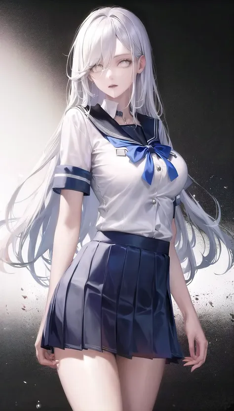 white hair,
(school uniform:1.28),
lady,mature female, cowboy shot, 
(white background, simple background:1.18), 
highres,official art,original,masterpiece,best quality, 
(large breasts),
<lora:nox:1>