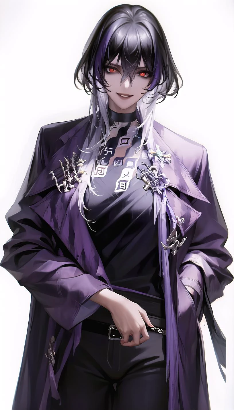 red eyes,
labcoat, black shirt,grey pants,
evil smile,
lady,mature female, cowboy shot,
(white background, simple background:1.18),
highres,official art,original,masterpiece,best quality,
(large breasts),
<lora:Uni:1>