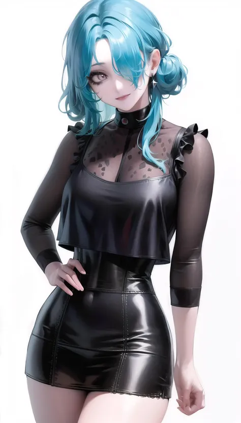 light blue hair,hair over one eye,,
(casual:1.28),
lady,mature female, cowboy shot,
(white background,simple background:1.18),
highres,official art,original,masterpiece,best quality,
(huge breasts:0.8),
<lora:Serpent2:0.8>