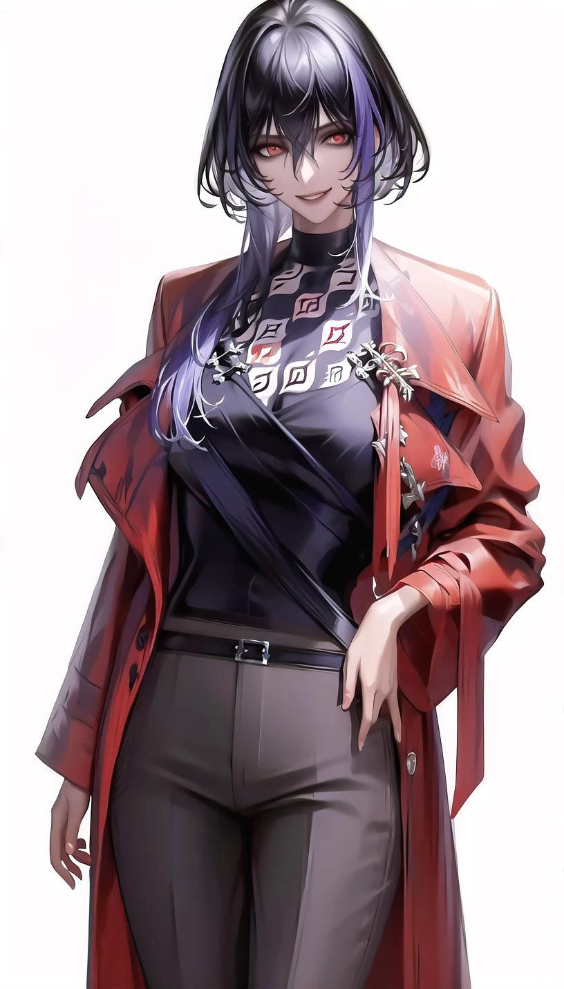 red eyes,
labcoat, black shirt,grey pants,
evil smile,
lady,mature female, cowboy shot,
(white background, simple background:1.18),
highres,official art,original,masterpiece,best quality,
(large breasts),
<lora:Uni:1>