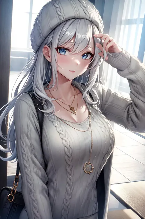 masterpiece, best quality, extremely detailed CG unity 8k wallpaper, ultra-detailed,(perfect face),
1lady,mature female, solo, shiny skin,(subsurface scattering:0.8),necklace,wet skin,white_skin,long hair,wavy hair,
rim lighting, two tone lighting , Grey_sweater_dress, black_ankle_boots, wool_beret_hat, crossbody_bag, layered_necklaces,