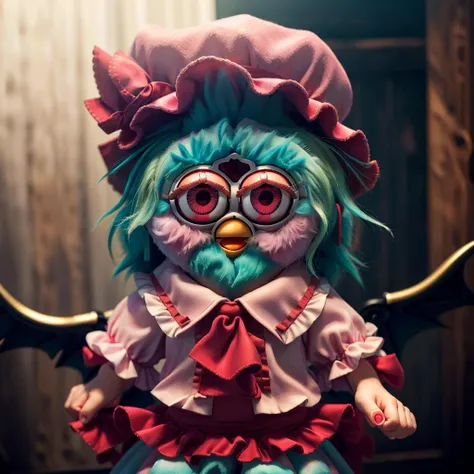(8k, best quality, masterpiece:1.2), (realistic, photo-realistic:1.37), ultra-detailed, <lora:remilia:0.8>, [[remilia scarlet]] as furby, furby, 1furby, mob cap, wings, ribbon, frilled shirt collar, short sleeves, blue hair, red eyes, ascot, pink dress, vampire, ((furby face)), ((staring into viewers soul)) <lora:Furby_SD_V1:0.9>
