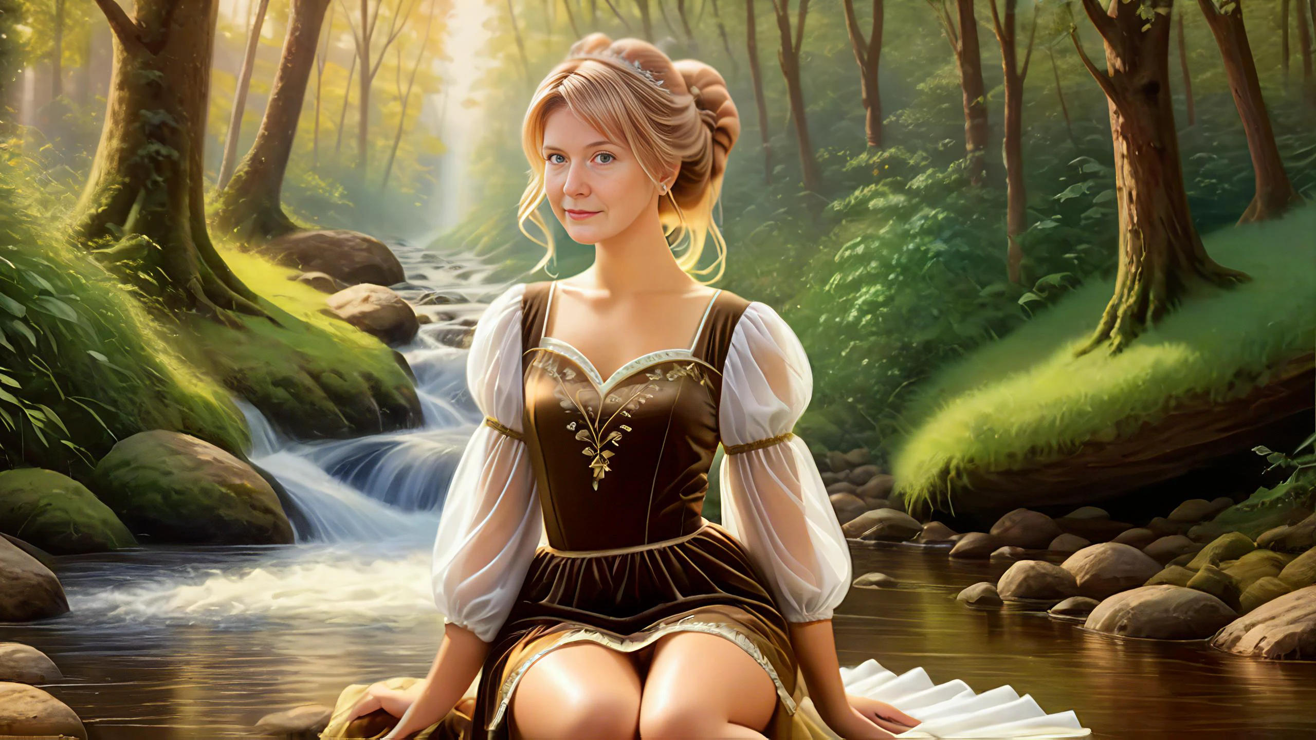 (background of a <lora:Thomas Kinkade Style:1>Thomas Kinkade Style - Thomas Kinkade style portrait of a a stream in the woods with beautiful scenery. Highly detailed)
(1 cute girl:1.8),(caucasian:1.8),(Kneeling with one hand on the floor),(age 25),(chubby body:1.3),(straight body:1.8)(Touched Expression),(long blonde hair:1.5),(Banana Clip Updo),(wide hips:.9),(thick thighs:.9), (<lora:flat_chested_v4:1.5>),
( (Brown:1.8) fairy dress),(long skirt), (puffy sleeves),(intricate embroidery),(lace),(sheer),<lora:xl_fairy_dress-1.0:0.5>