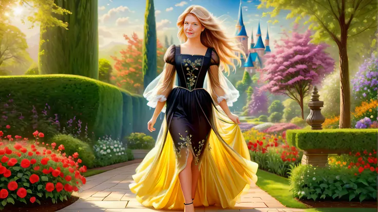 (background of a <lora:Thomas Kinkade Style:1>Thomas Kinkade Style - Thomas Kinkade style portrait of a beautiful flower garden with beautiful scenery. Highly detailed)
(1 cute girl:1.8),(caucasian:1.8),(Walking with a prancing step),(age 25),(chubby body:1.3),(straight body:1.8)(Passionate Expression),(long blonde hair:1.5),(Feathered Layers),(wide hips:.9),(thick thighs:.9), (<lora:flat_chested_v4:1.5>),
( (Black:1.8) fairy dress),(long skirt), (puffy sleeves),(intricate embroidery),(lace),(sheer),<lora:xl_fairy_dress-1.0:0.5>