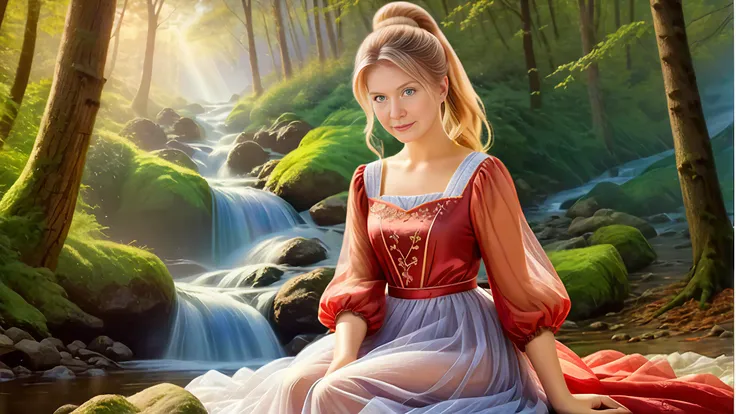 (background of a <lora:Thomas Kinkade Style:1>Thomas Kinkade Style - Thomas Kinkade style portrait of a a stream in the woods with beautiful scenery. Highly detailed)
(1 cute girl:1.8),(caucasian:1.8),(Sitting cross-legged),(age 25),(chubby body:1.3),(straight body:1.8)(Passionate Expression),(long blonde hair:1.5),(Twisted Ponytail),(wide hips:.9),(thick thighs:.9), (<lora:flat_chested_v4:1.5>),
( (Light Red:1.8) fairy dress),(long skirt), (puffy sleeves),(intricate embroidery),(lace),(sheer),<lora:xl_fairy_dress-1.0:0.5>