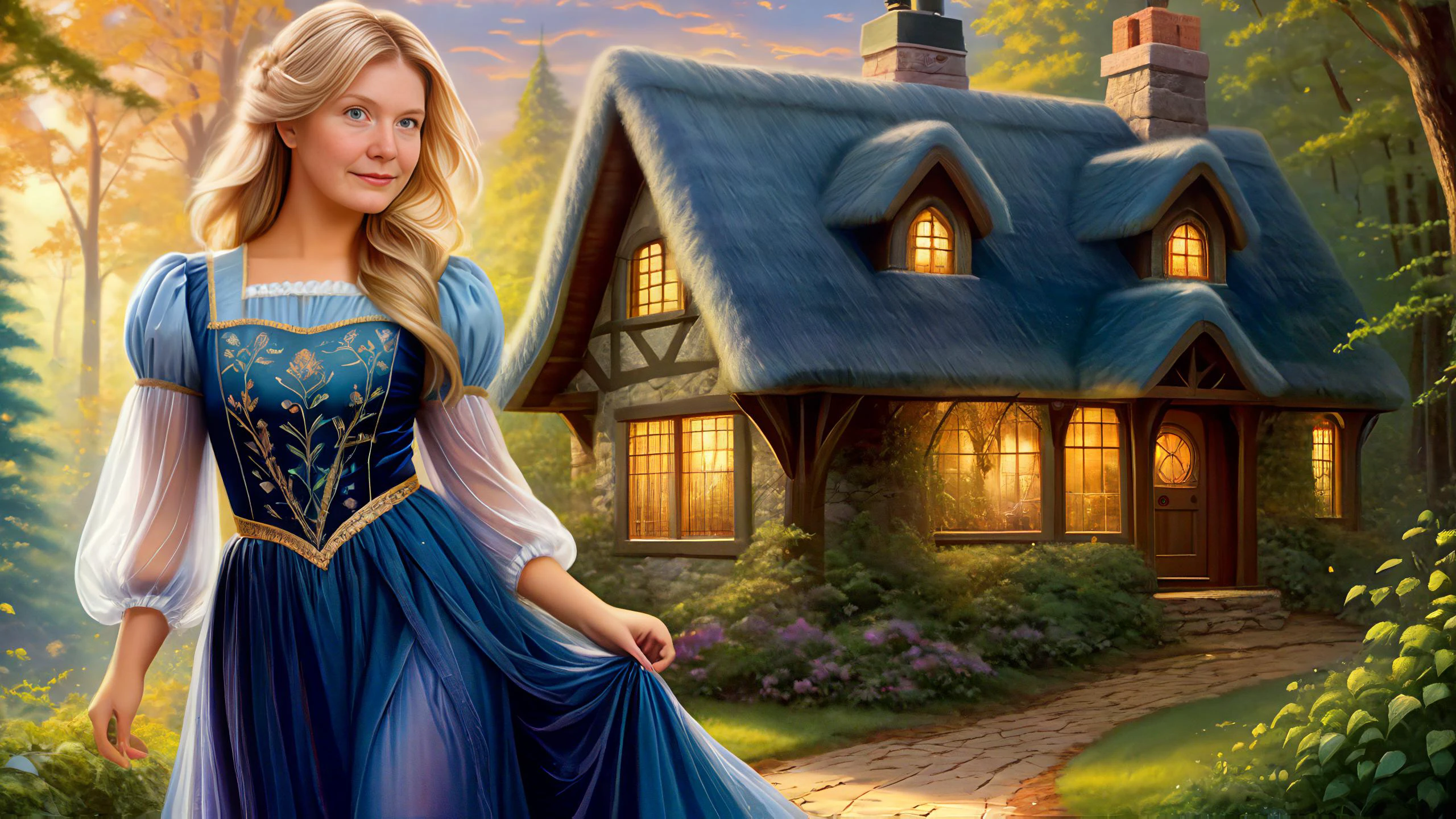 (background of a <lora:Thomas Kinkade Style:1>Thomas Kinkade Style - Thomas Kinkade style portrait of a cottage in the woods with beautiful scenery. Highly detailed)
(1 cute girl:1.8),(caucasian:1.8),(Standing with one hand on the hip),(age 25),(chubby body:1.3),(straight body:1.8)(Jubilant Expression),(long blonde hair:1.5),(Choppy Layers),(wide hips:.9),(thick thighs:.9), (<lora:flat_chested_v4:1.5>),
( (Dark Blue:1.8) fairy dress),(long skirt), (puffy sleeves),(intricate embroidery),(lace),(sheer),<lora:xl_fairy_dress-1.0:0.5>