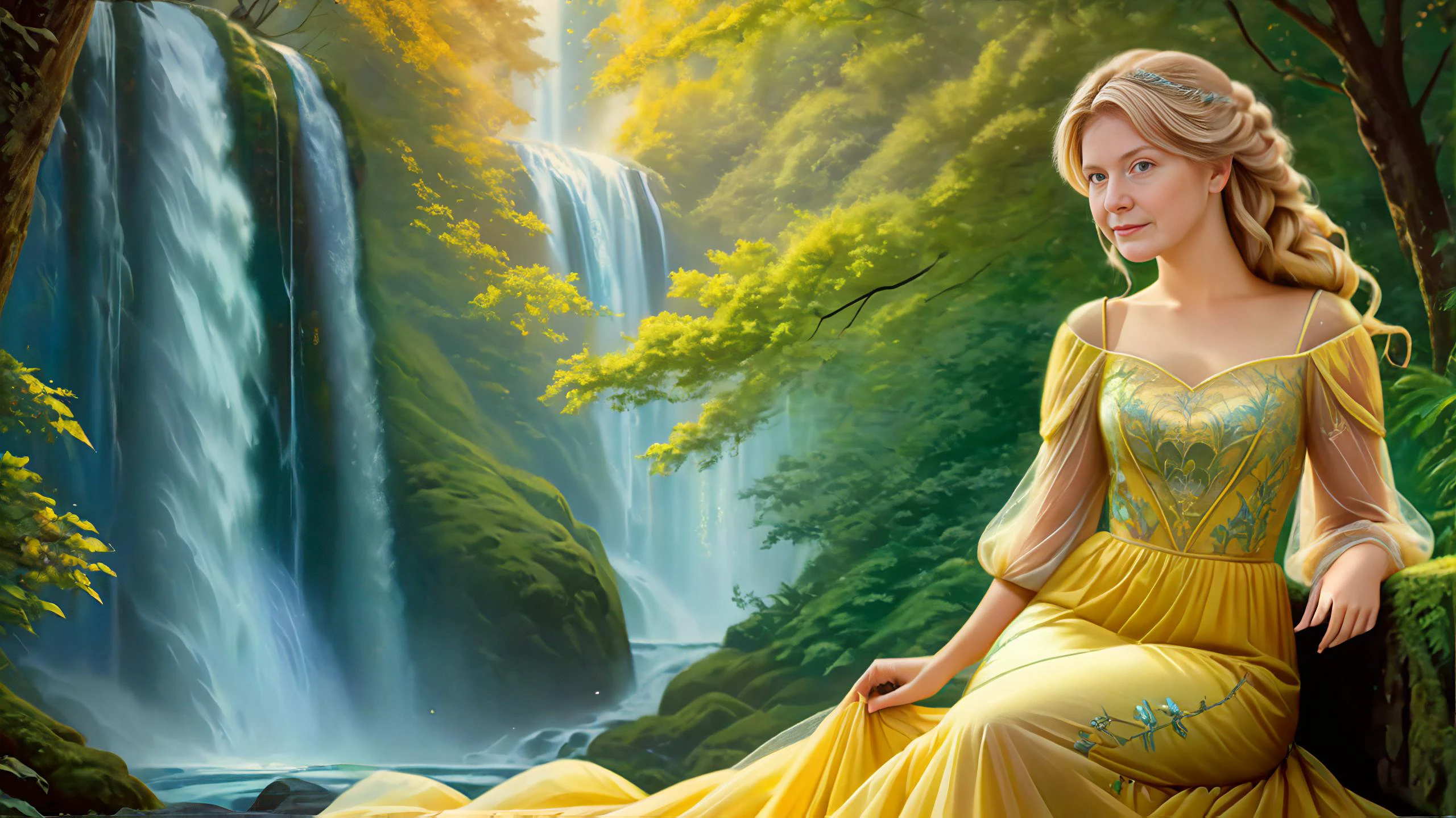 (background of a <lora:Thomas Kinkade Style:1>Thomas Kinkade Style - Thomas Kinkade style portrait of a waterfall in the wood with beautiful scenery. Highly detailed)
(1 cute girl:1.8),(caucasian:1.8),(Kneeling with one arm resting on the knee),(age 25),(chubby body:1.3),(straight body:1.8)(Romantic Expression),(long blonde hair:1.5),(Mermaid Braid),(wide hips:.9),(thick thighs:.9), (<lora:flat_chested_v4:1.5>),
( (Dark Yellow:1.8) fairy dress),(long skirt), (puffy sleeves),(intricate embroidery),(lace),(sheer),<lora:xl_fairy_dress-1.0:0.5>