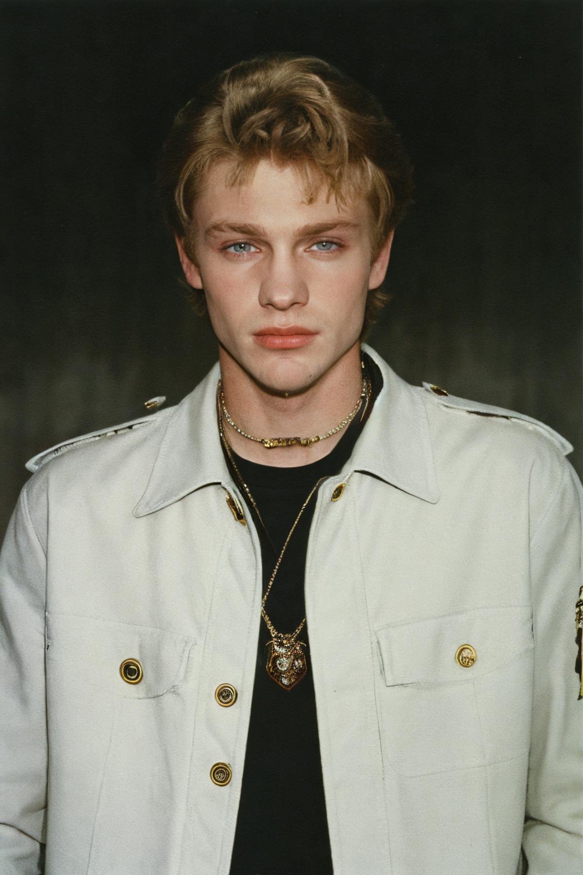 A close up of a man wearing a white jacket and a black shirt - SeaArt AI